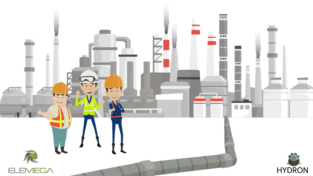 Animated industrial plant with workers wearing protective equipment